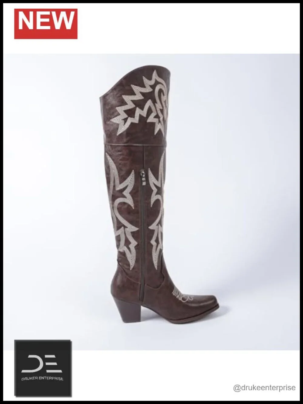 Women's Over-the-Knee Cowboy Boots Square Toe PU Leather Embroidery Zipper